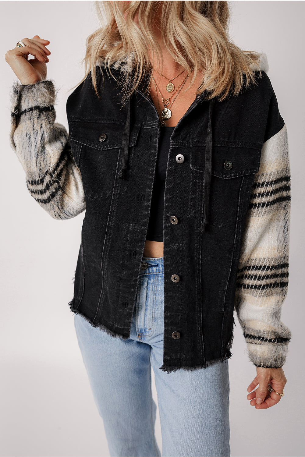 Black Patchwork Plaid Sleeve Frayed Hem Hooded Denim Jacket Shewin