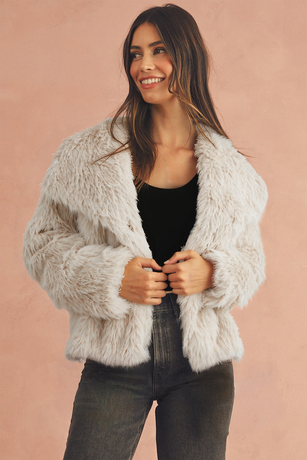 Jet Stream Solid Long Sleeve Thick Fuax Fur Coat