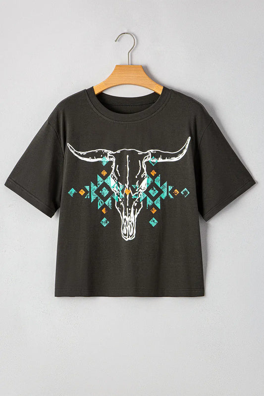 Carbon Grey Vintage Bull Head Skull Turquoise Geometric Graphic T Shirt Shewin
