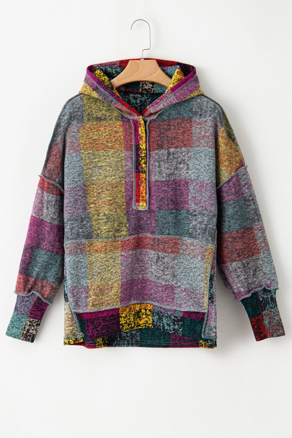 Multicolor Brushed Check Kangaroo Pocket Thumbholes Henley Hoodie Shewin