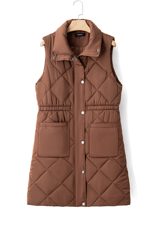 Coffee Puffer Quilted Stand Collar Pocketed Vest Coat Shewin