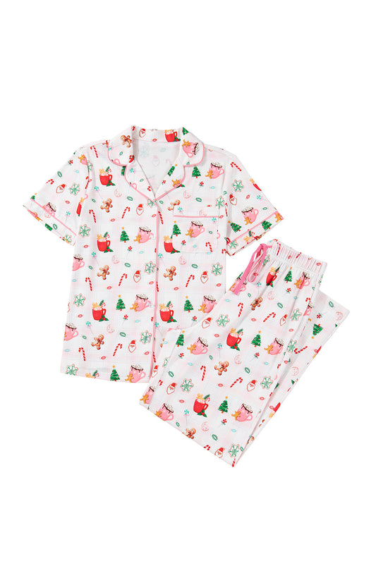 Pink Christmas Spirit Cute Holiday Print Short Sleeve Shirt and Pants Pajama Set Shewin