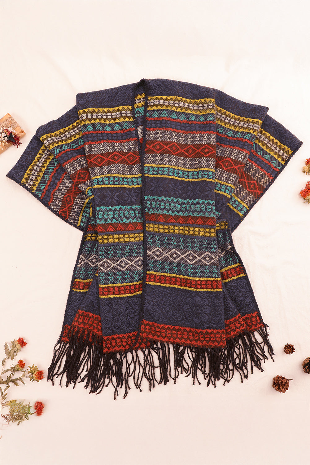 Light Blue Ethnic Print Tassel Trim Shawl Scarf Shewin