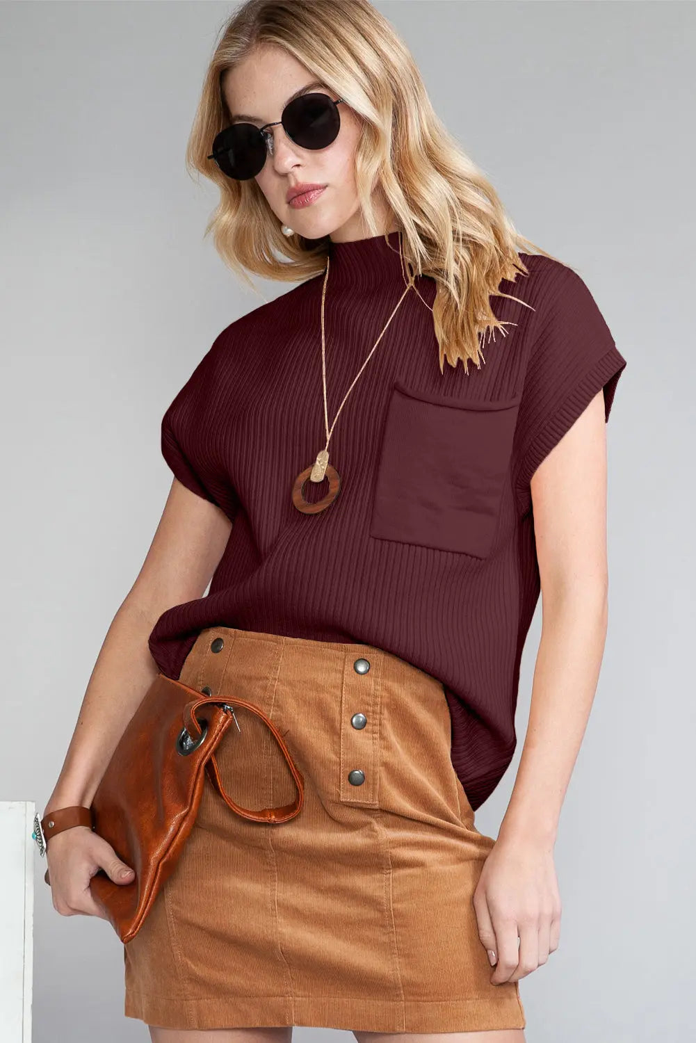 Gold Flame Patch Pocket Ribbed Knit Short Sleeve Sweater Shewin