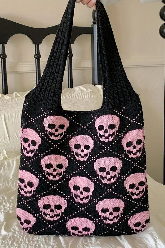 Black Plaid Skull Knit Tote Bag Shewin