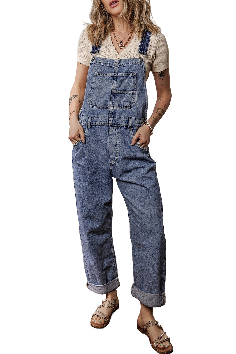 Sail Blue Straight Leg Pockets Denim Bib Overall Shewin