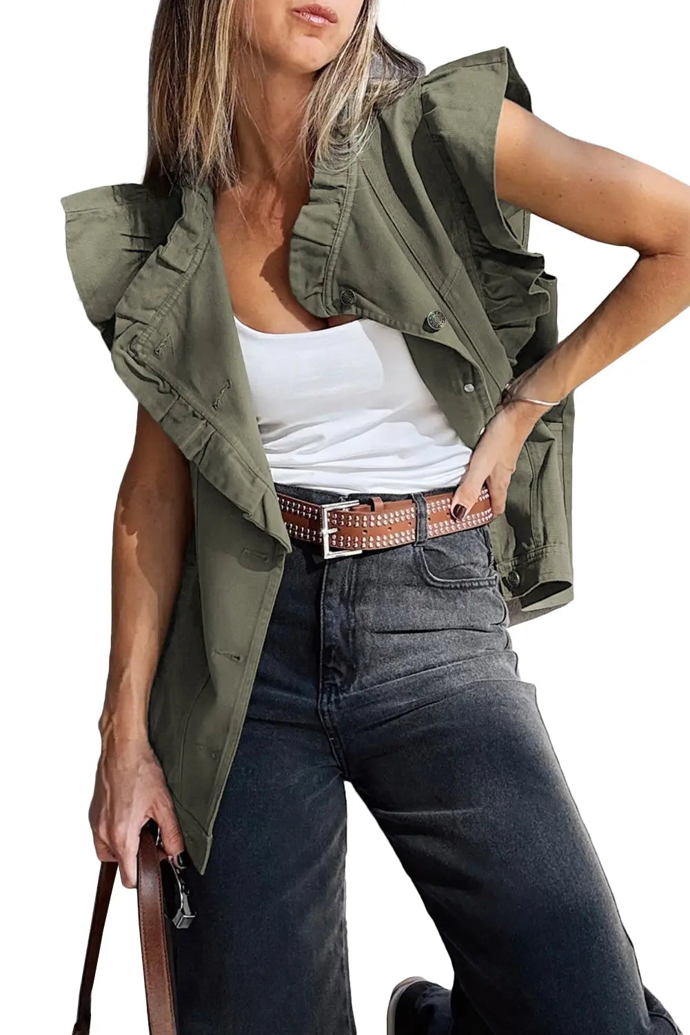 Green Bay Ruffle Plain Denim Jacket Vest Shewin