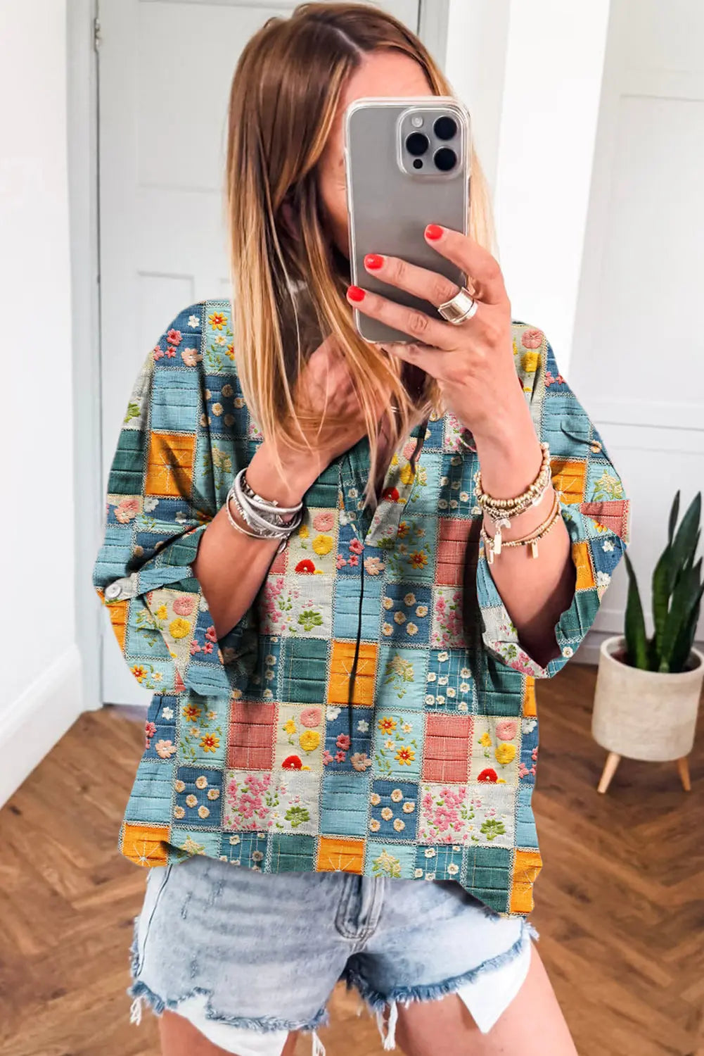 Sky Blue Floral Patchwork Collared V Neck Blouse Shewin