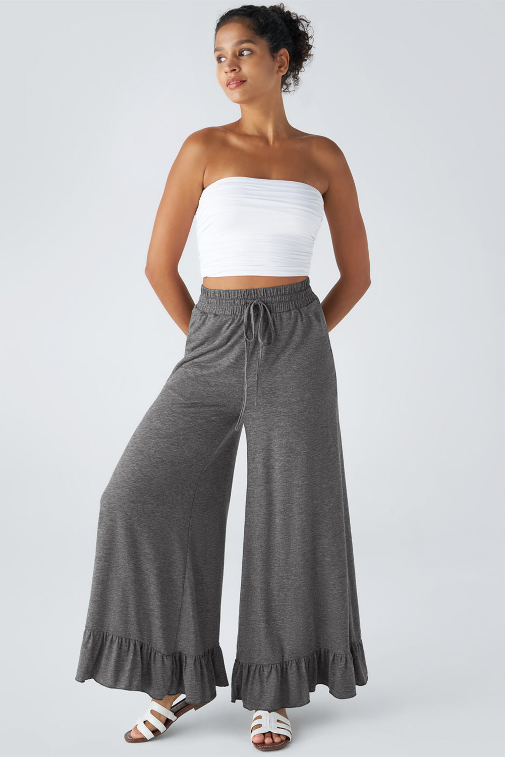 Dune Solid Color Ruffle Hem Wide Leg Pants Shewin