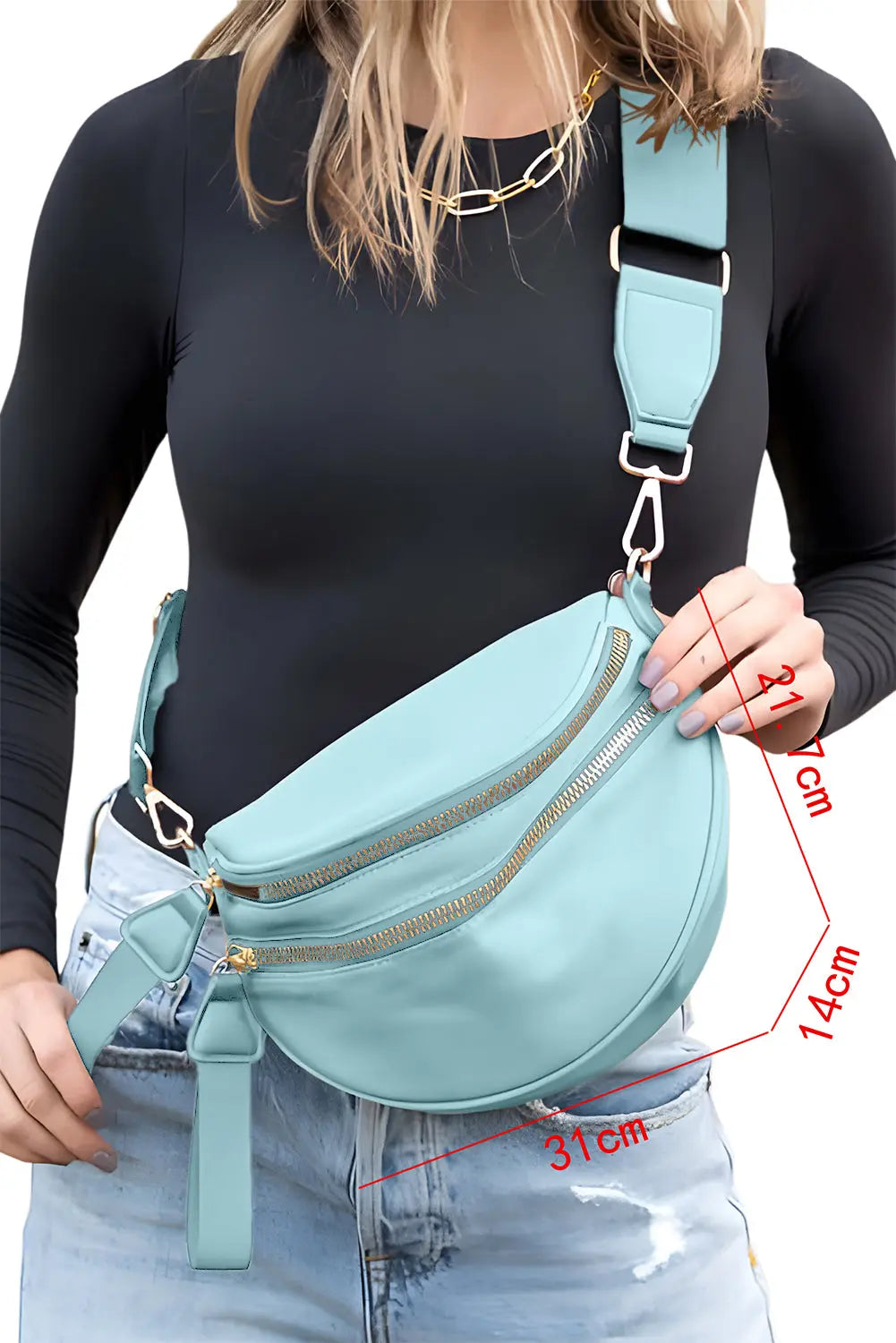 Light Blue Wide Strap Double Zipper Crossbody Bag Shewin