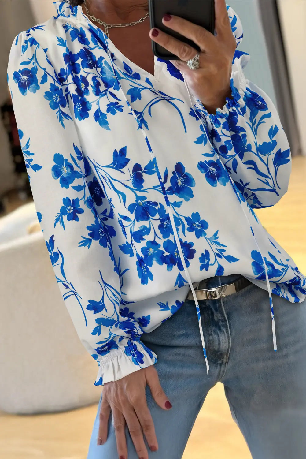Blue Floral Long Sleeve Lace-up V Neck Blouse Shewin