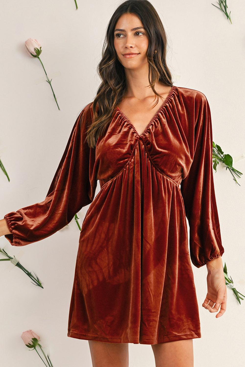 Terracotta Red Brown Clay Elastic V Neck Puff Sleeve Flowy Velvet Dress Shewin