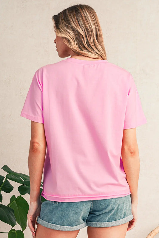 Pink Color Block Patchwork Seamed Crewneck T Shirt Shewin