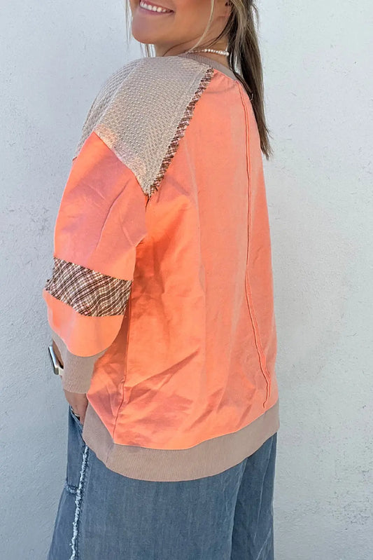 Grapefruit Orange Plaid Waffle Flower Patchwork Bracelet Sleeve Top Shewin