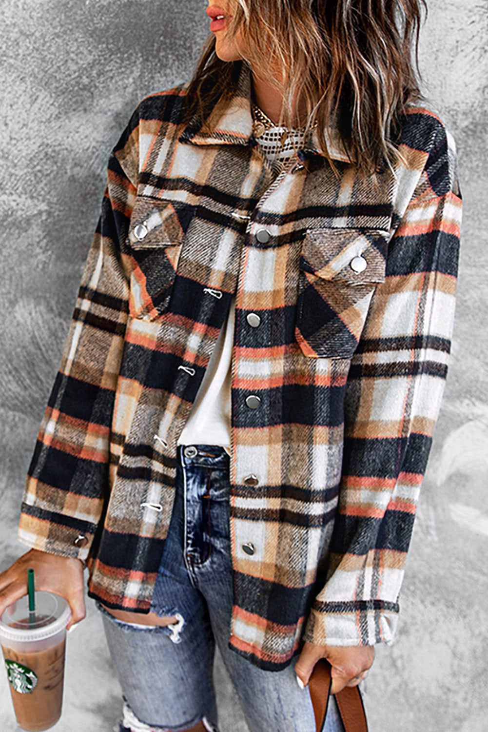 Brown Plaid Button Up Long Sleeve Flannel Shacket Shewin