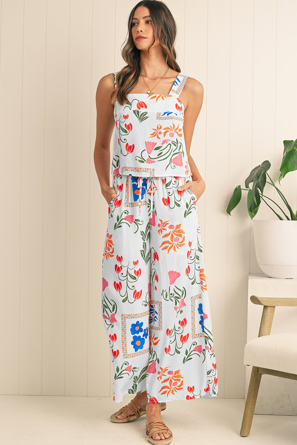 White Square Neck Tank & Wide Leg Pants Boho Floral Set Shewin