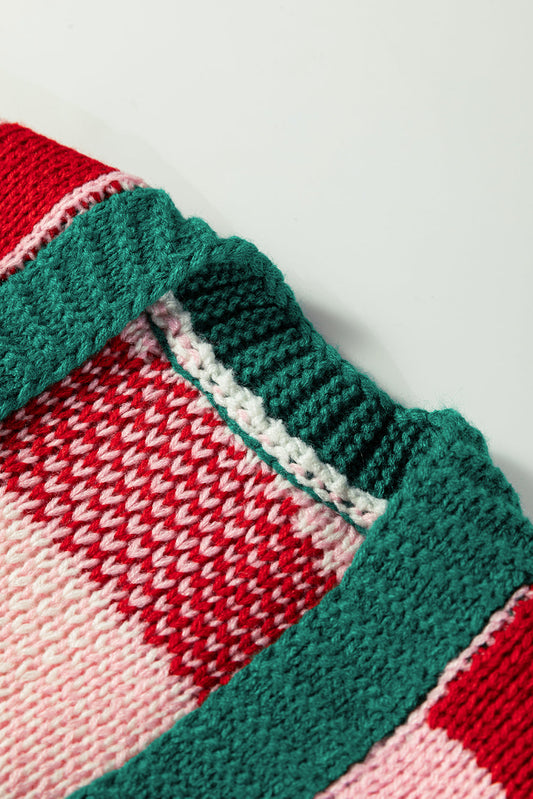 Pink Colorblock Checkered Open Front Knit Cardigan Shewin