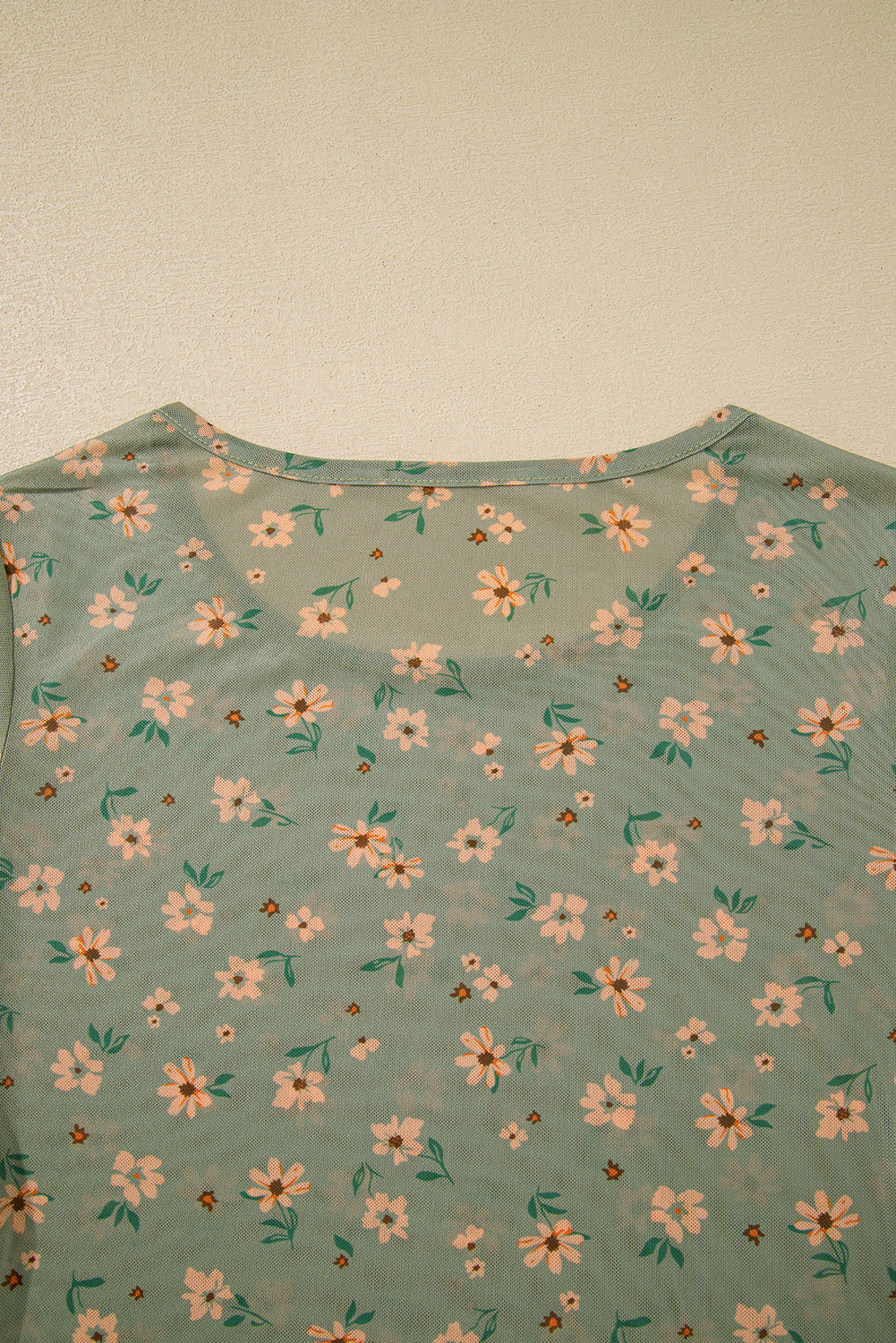 Laurel Green Vintage Floral Print Mesh Slim Fit Long Sleeve Top Shewin