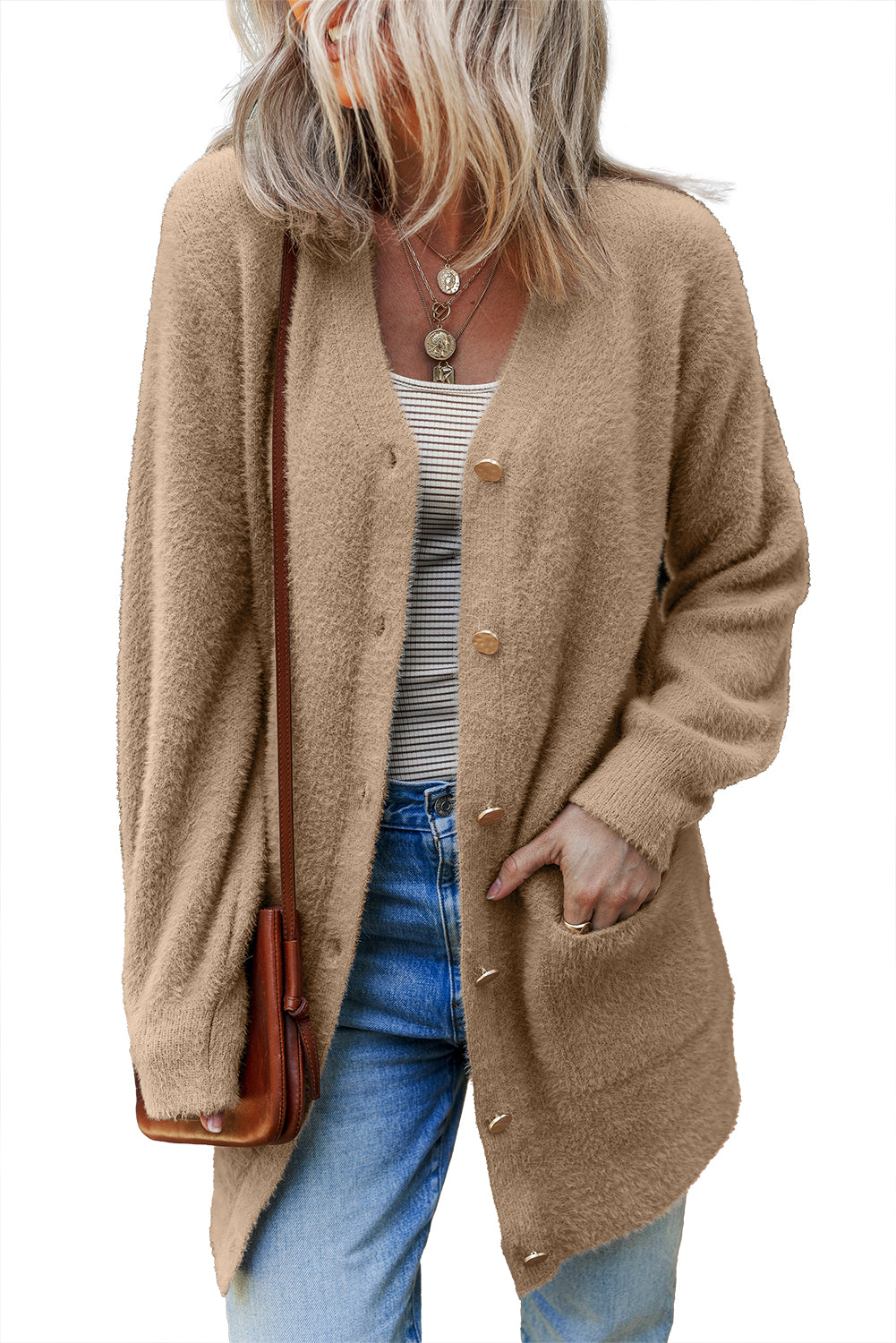 White Fuzzy Buttoned Front Midi Solid Cardigan