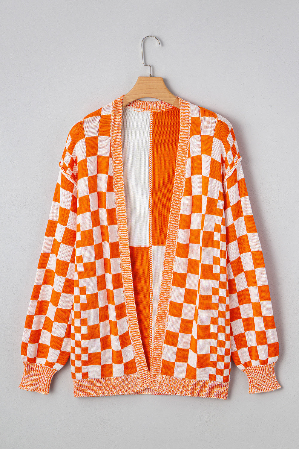 Orange Checkered Open Front Drop Shoulder Cardigan Shewin