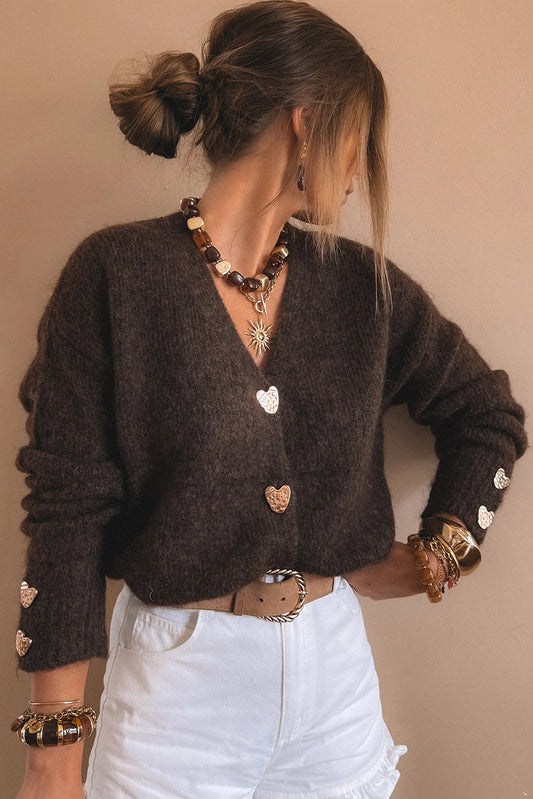 Chicory Coffee V Neck Metallic Heart Button Knit Cardigan Shewin