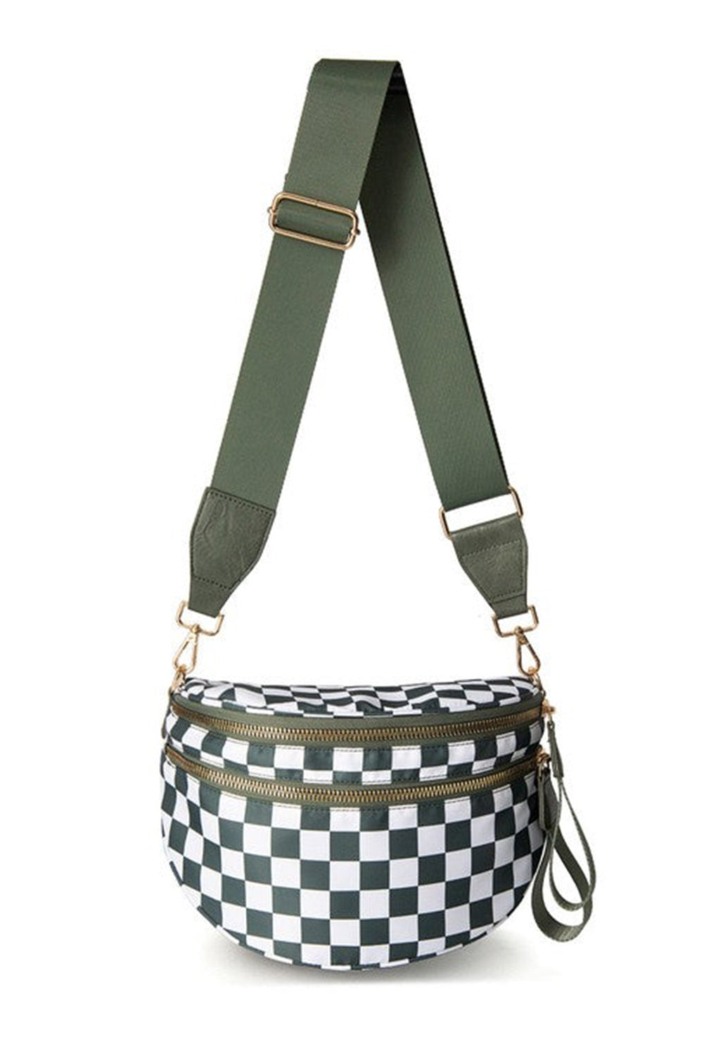 Blackish Green Checkered Print Wide Strap Large Crossbody Bag Shewin