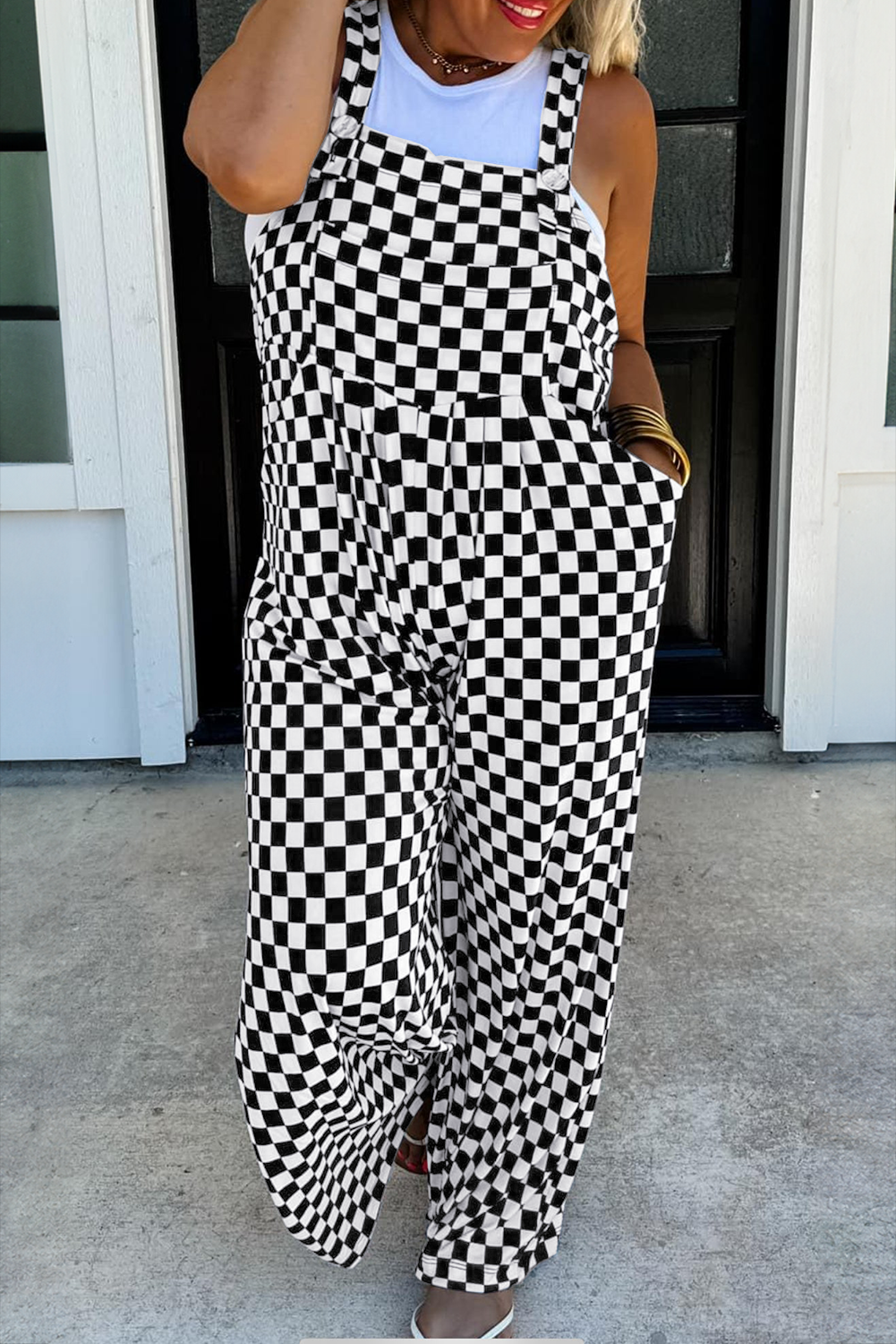 Black Checkered Print Pocketed Wide Leg Overall Shewin