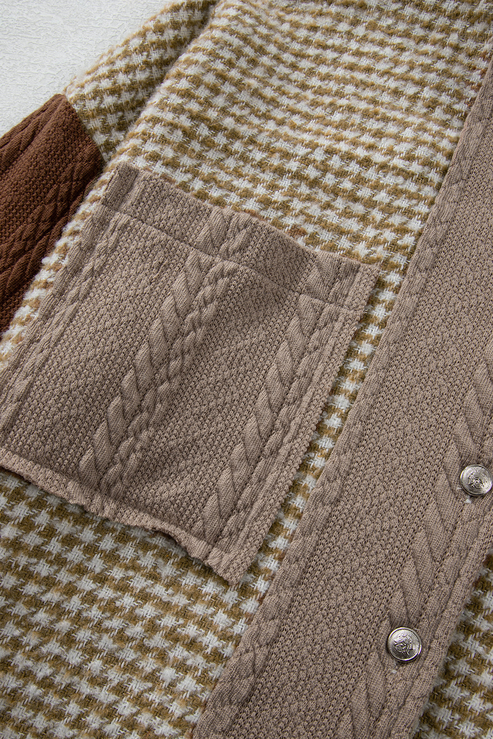 Khaki Houndstooth Textured Patchwork Loose Shacket Shewin