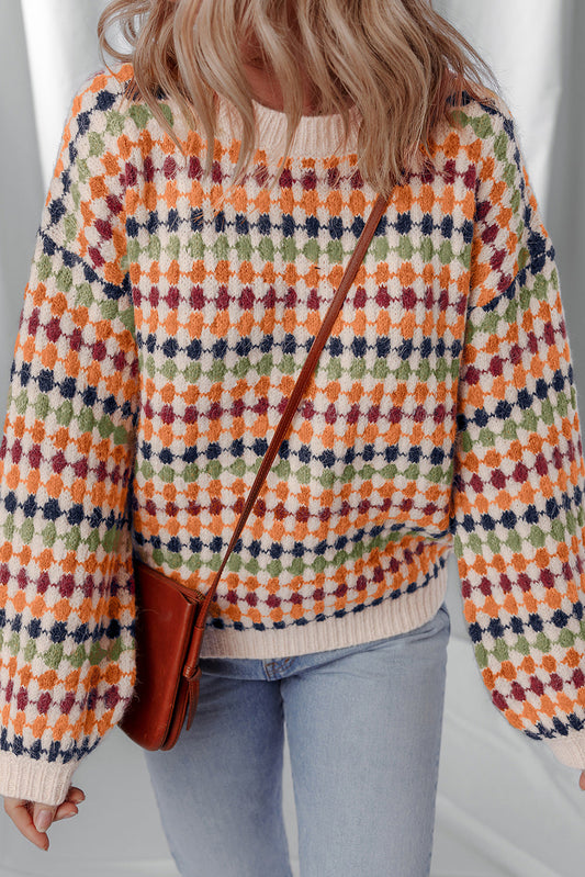 Multicolour Dotty Striped Pattern Knit Drop Shoulder Sweater Shewin
