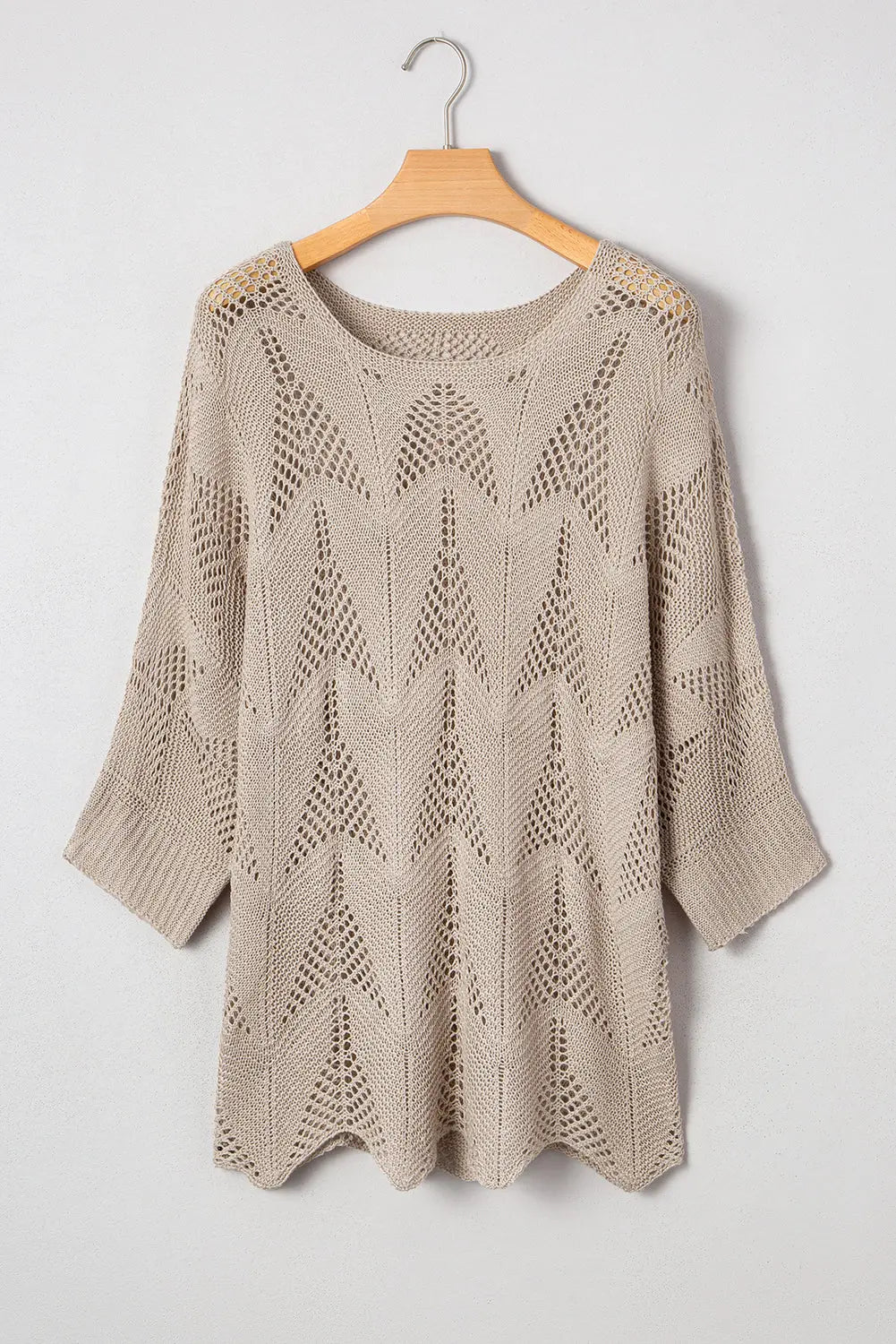 Navy Blue Hollow Out Knit 3/4 Sleeve Loose Sweater Shewin