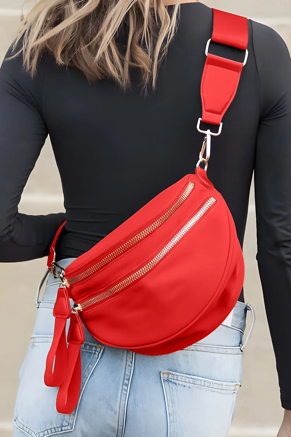 Light Blue Wide Strap Double Zipper Crossbody Bag Shewin