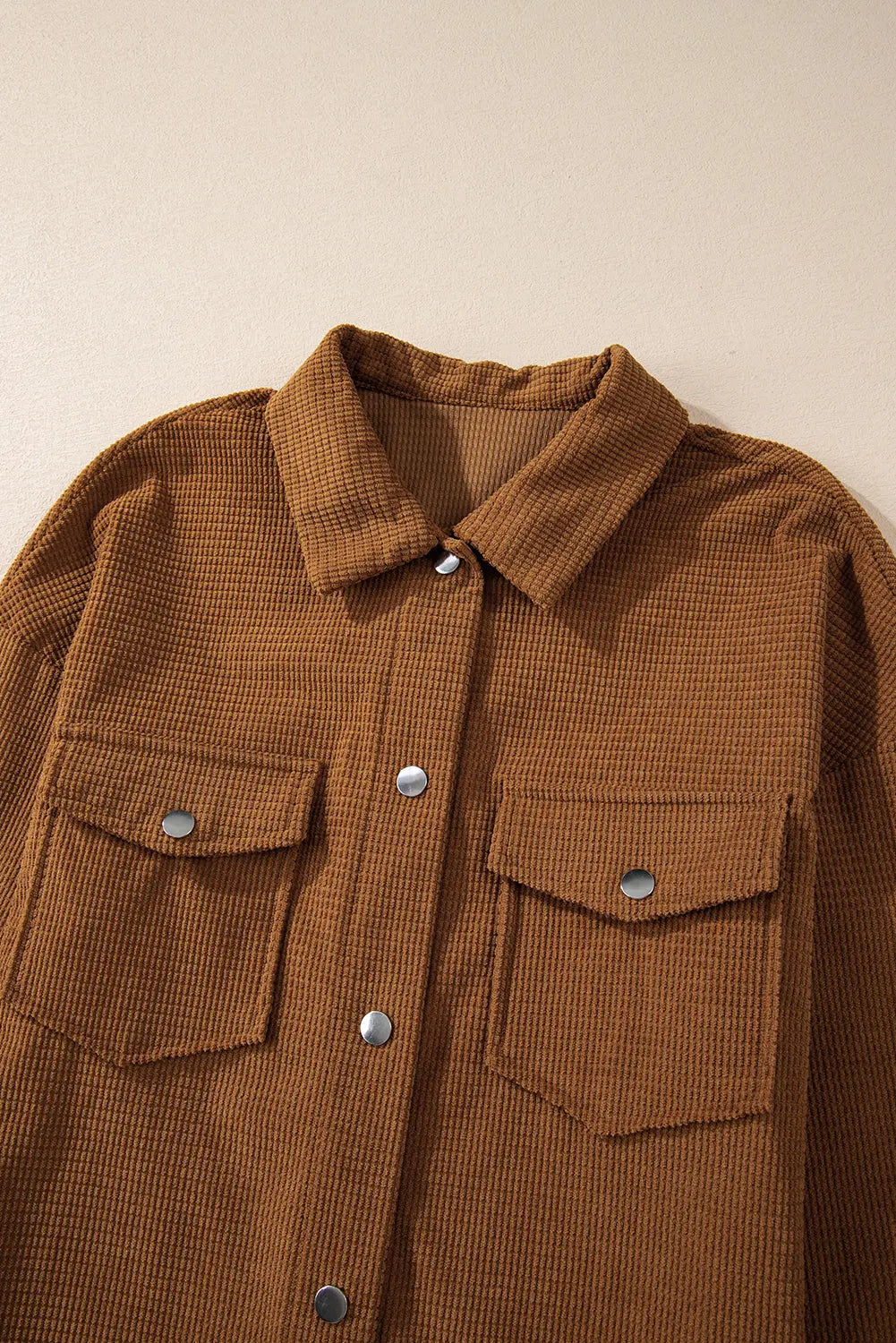 Brown Textured Flap Pocket Drop Shoulder Shacket Shewin