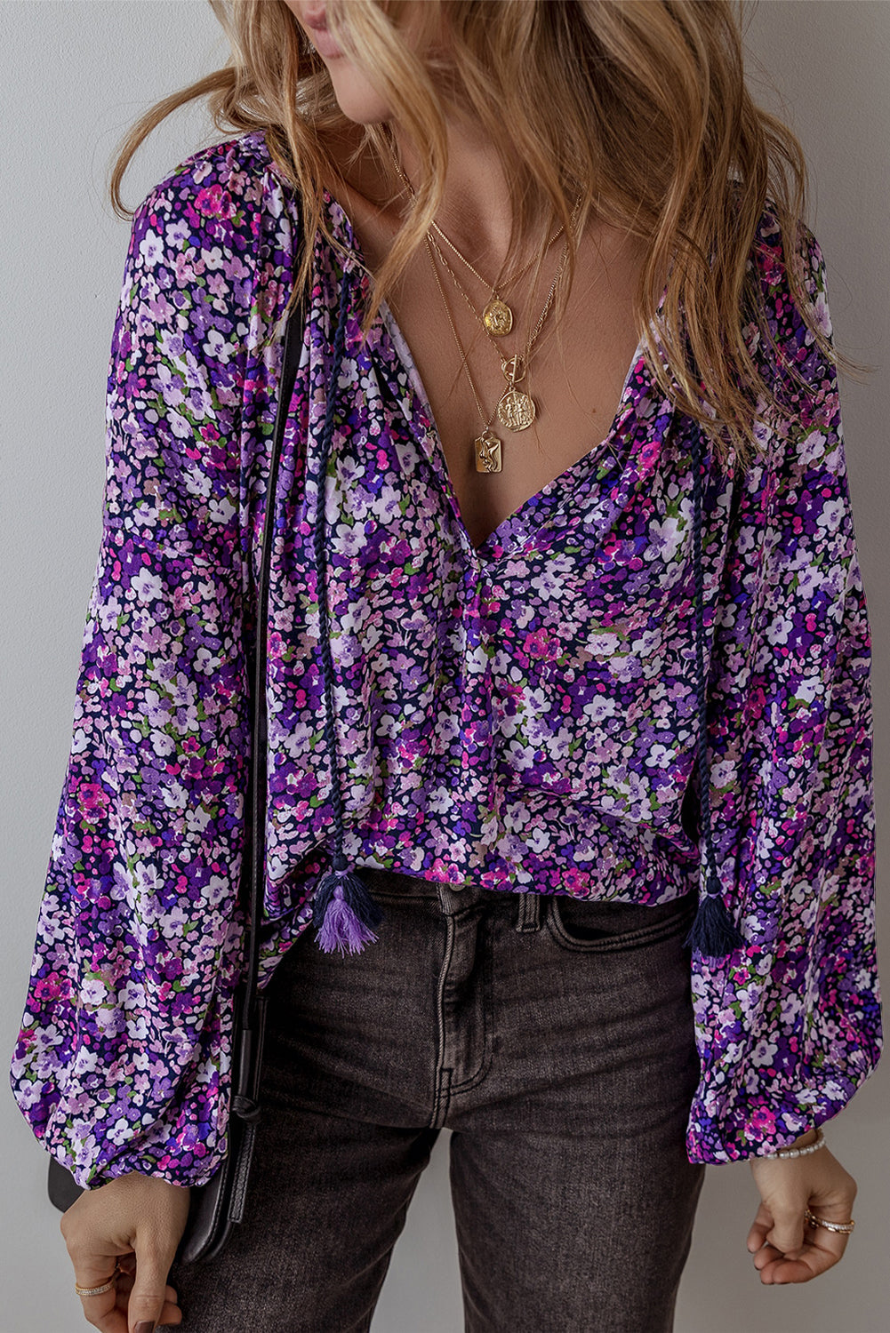 Purple Boho Floral Split V-Neck Bubble Sleeve Blouse Shewin