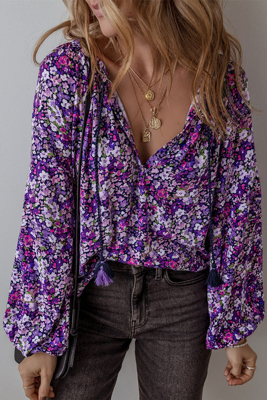 Purple Boho Floral Split V-Neck Bubble Sleeve Blouse Shewin