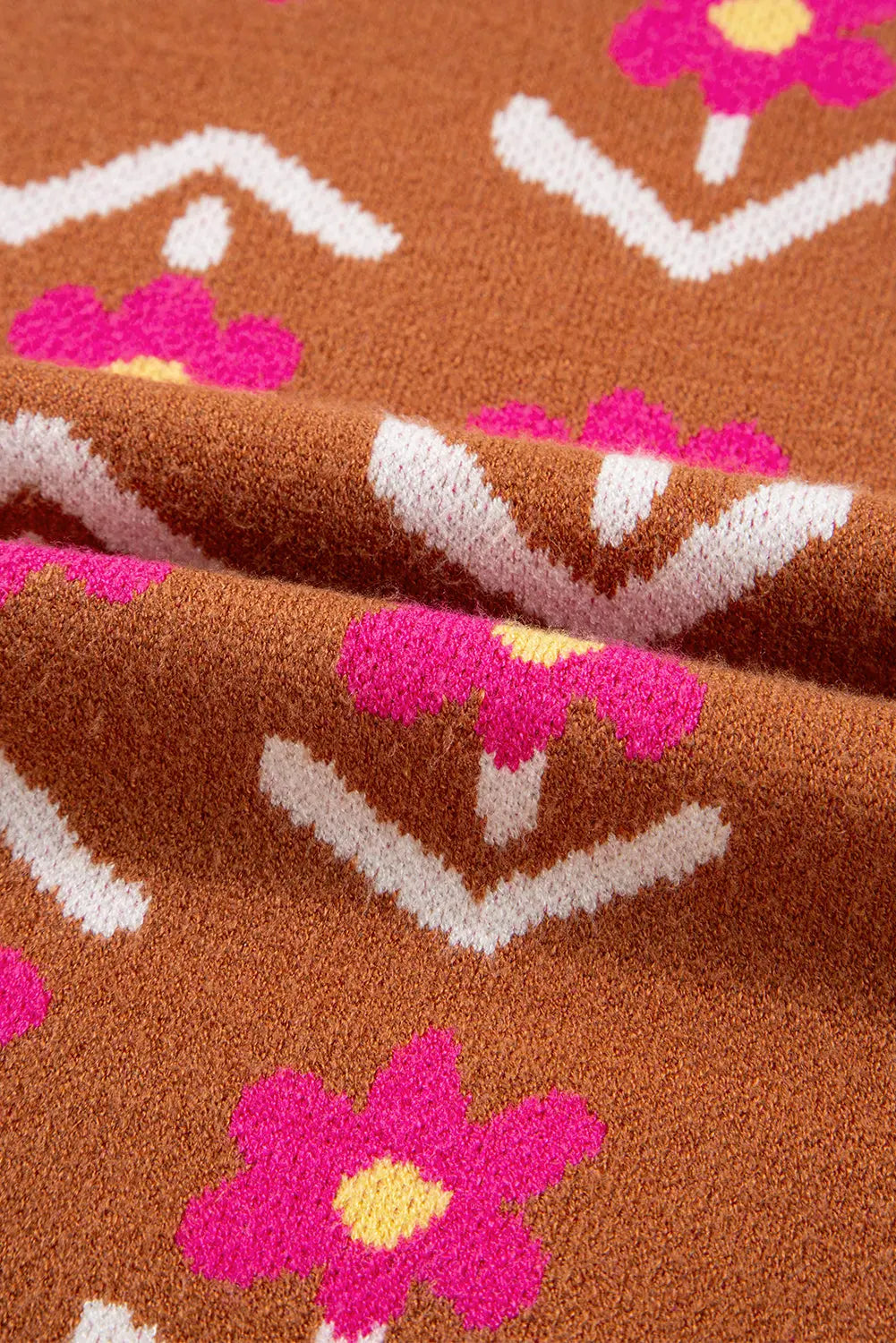 Brown Floral Pattern Short Puff Sleeve Sweater Shewin