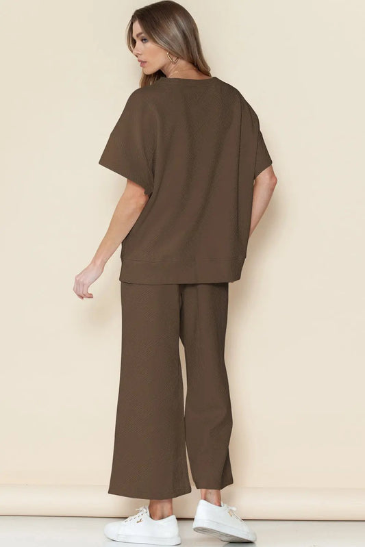 Brown Textured Loose Fit T Shirt and Drawstring Pants Set Shewin