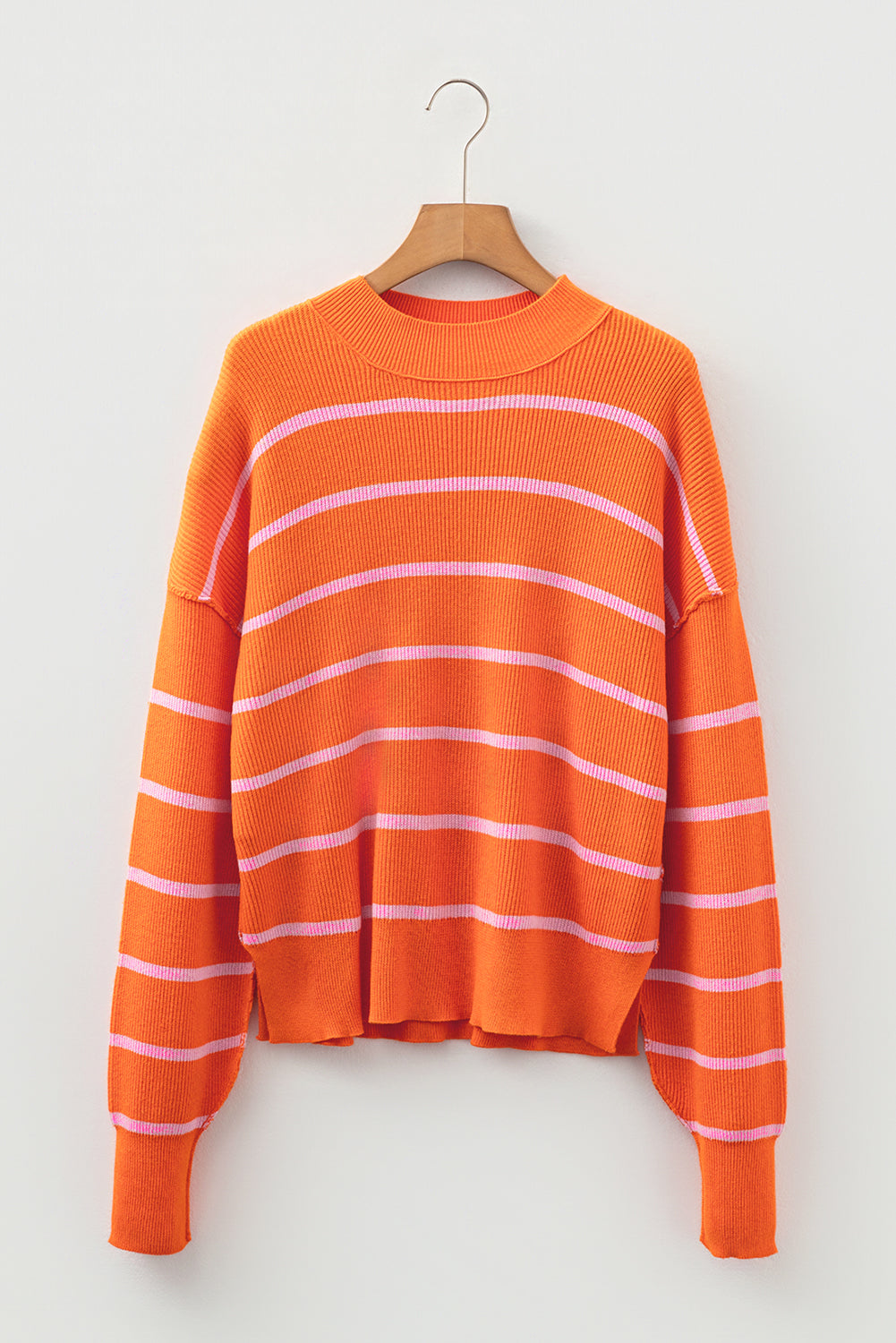 Orange Stripe Ribbed High Neck Drop Shoulder Boxy Fit Sweater Shewin