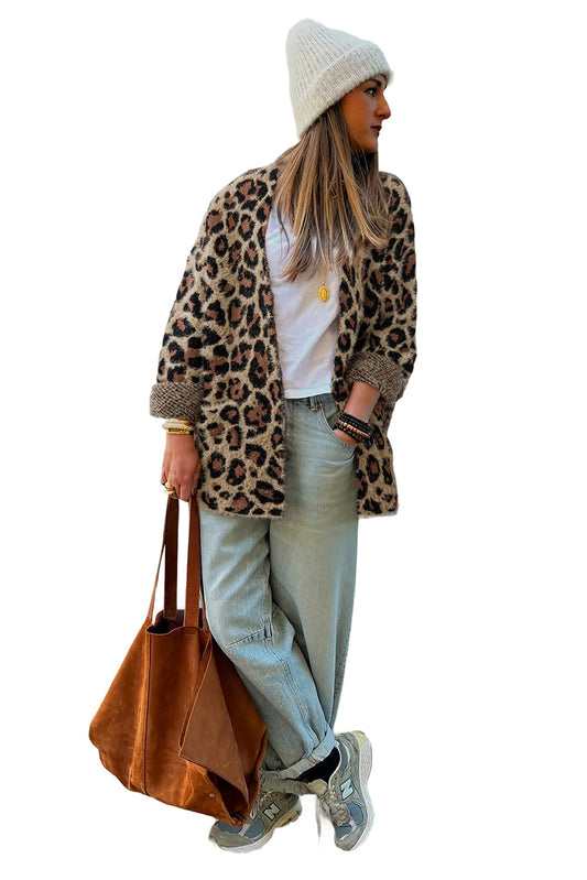 Brown Leopard Open Front Fuzzy Cardigan Shewin