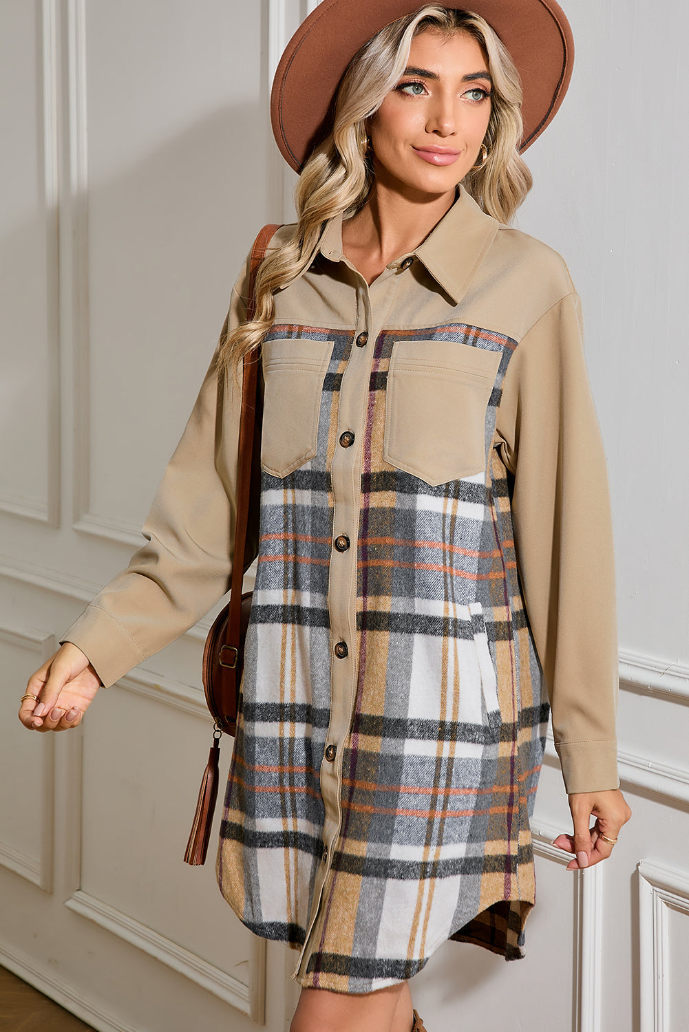 Khaki Plaid Patchwork Long Sleeve Jacket Shewin