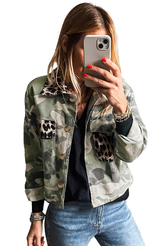Green Camouflage Leopard Patchwork Flap Pocket Collared Jacket Shewin
