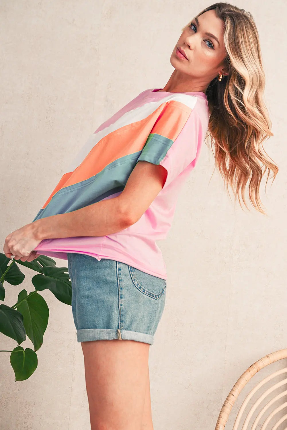Pink Color Block Patchwork Seamed Crewneck T Shirt Shewin