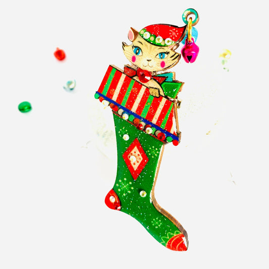 Mr Cat in a Stocking Brooch by Rosie Rose Parker