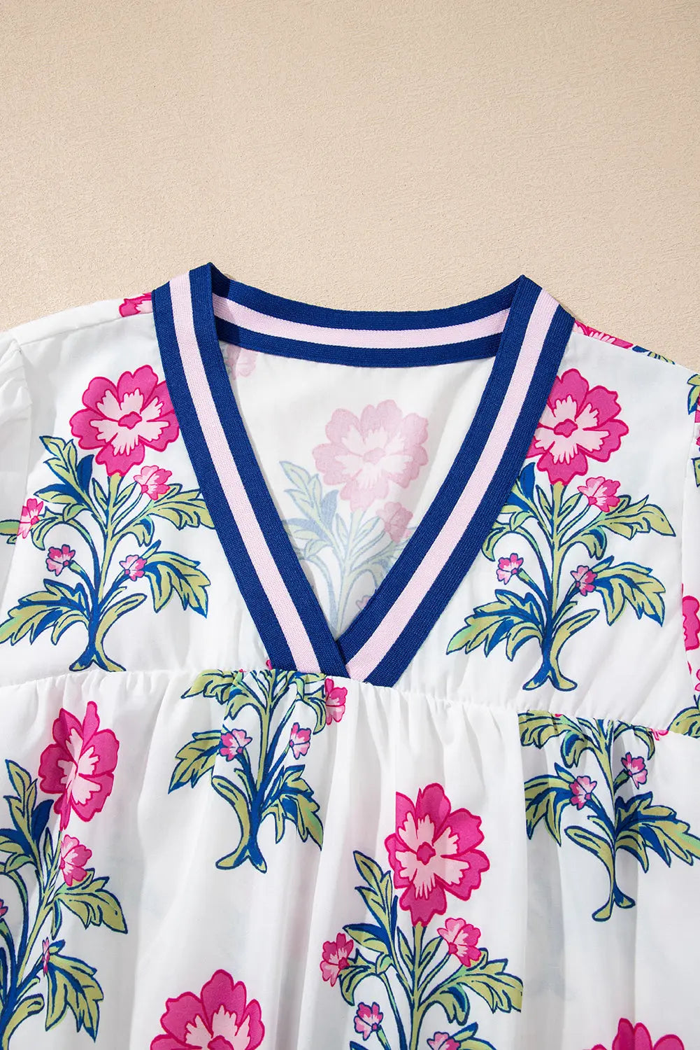 White Floral Print Pop of Color V-neck Long Sleeve Blouse Shewin