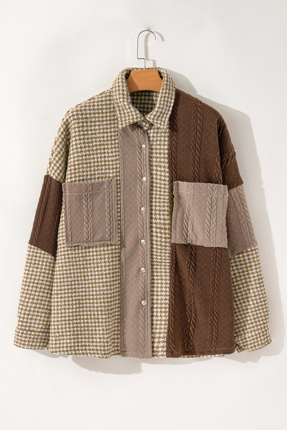 Khaki Houndstooth Textured Patchwork Loose Shacket Shewin