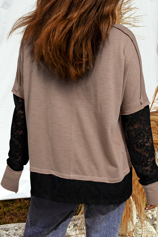 Light French Beige Sheer Lace Patchwork Casual Long Sleeve Tee Shewin