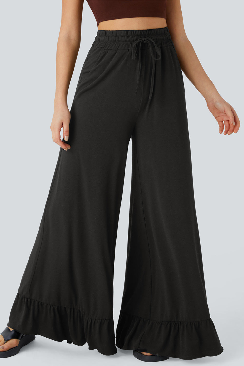 Dune Solid Color Ruffle Hem Wide Leg Pants Shewin