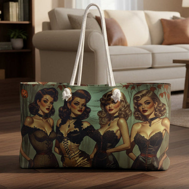 Tote bag with vintage-style illustration of four women in lingerie on a white background