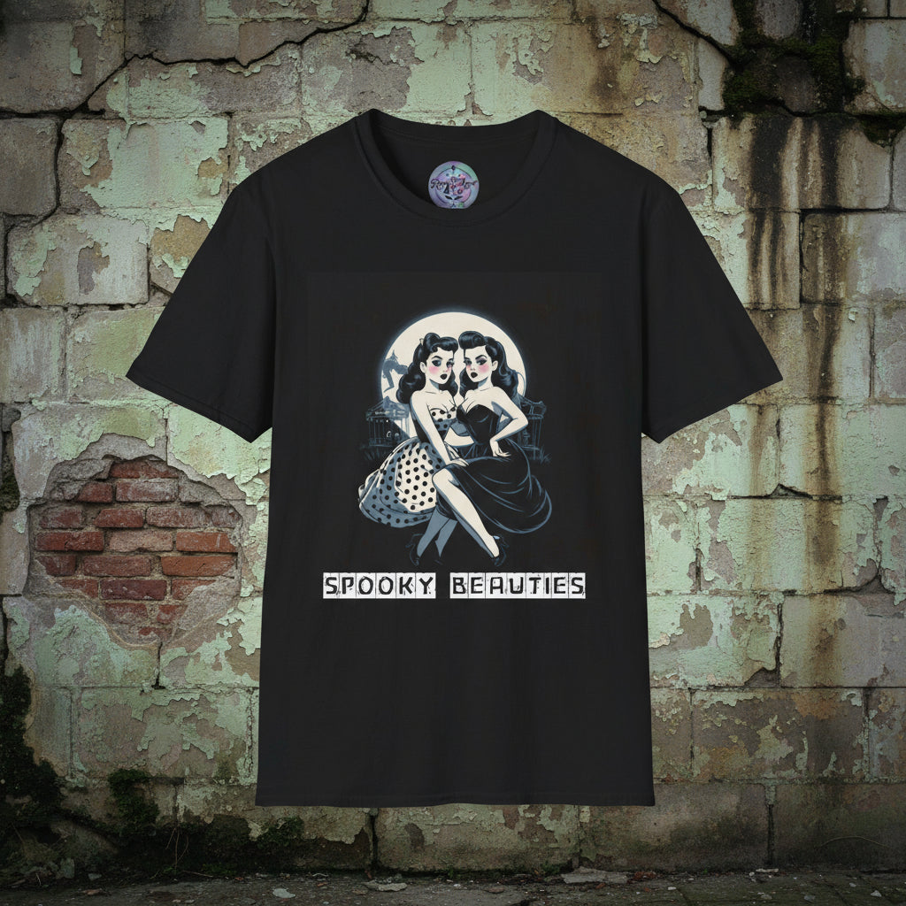 Black t-shirt with 'Spooky Beauties' graphic design on a white background