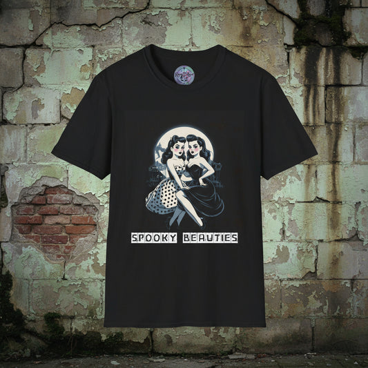 Black t-shirt with 'Spooky Beauties' graphic design on a white background