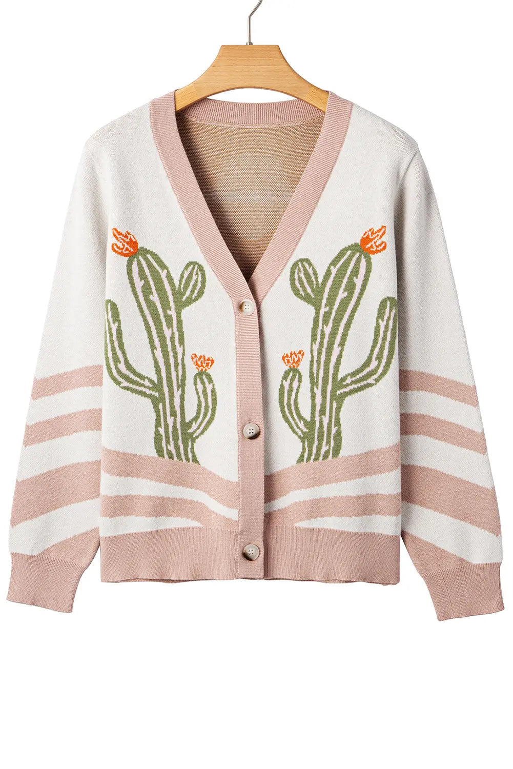 Apricot Cactus Pattern Button Front Knit Cardigan Shewin